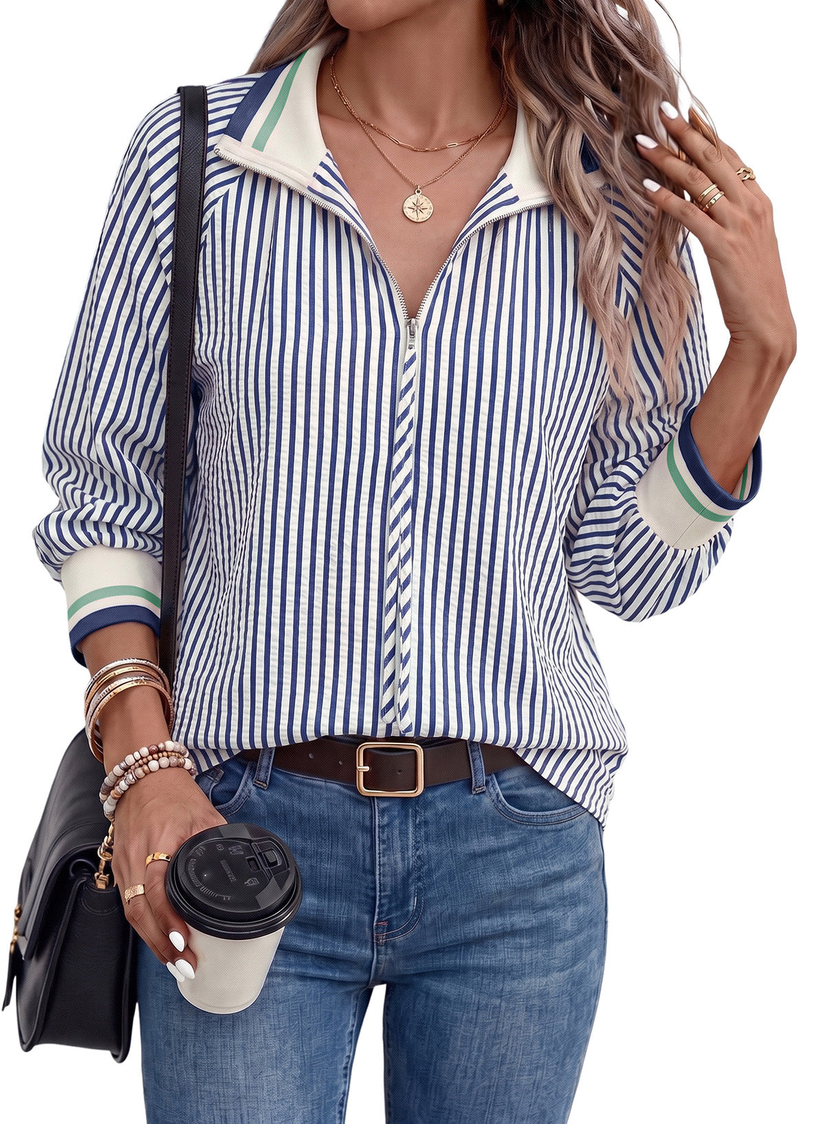 Dokotoo Women's 3/4 Sleeve Tops Striped Half Zip 2026 Fall Shirts Blouses