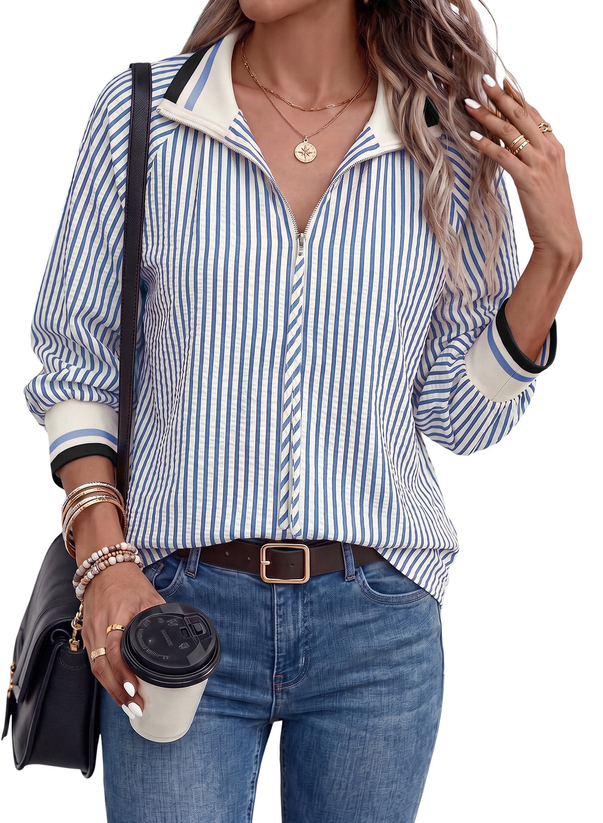Dokotoo Women's 3/4 Sleeve Tops Striped Half Zip 2026 Fall Shirts Blouses
