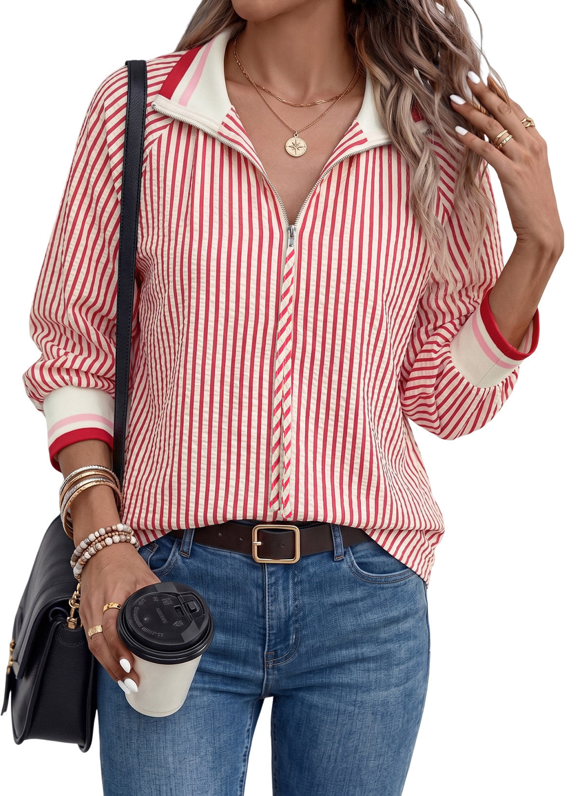 Dokotoo Women's 3/4 Sleeve Tops Striped Half Zip 2026 Fall Shirts Blouses