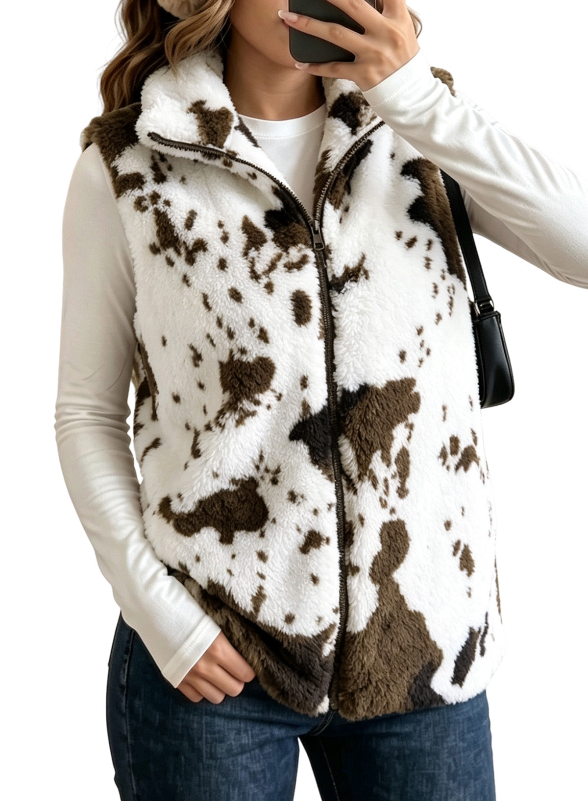 Dokotoo Womens Fleece Vest Zip Up Cow Print Sherpa Sleeveless Jacket
