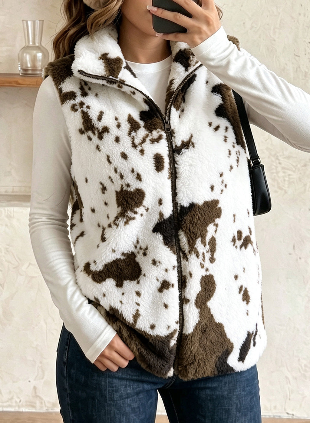 Dokotoo Womens Fleece Vest Zip Up Cow Print Sherpa Sleeveless Jacket