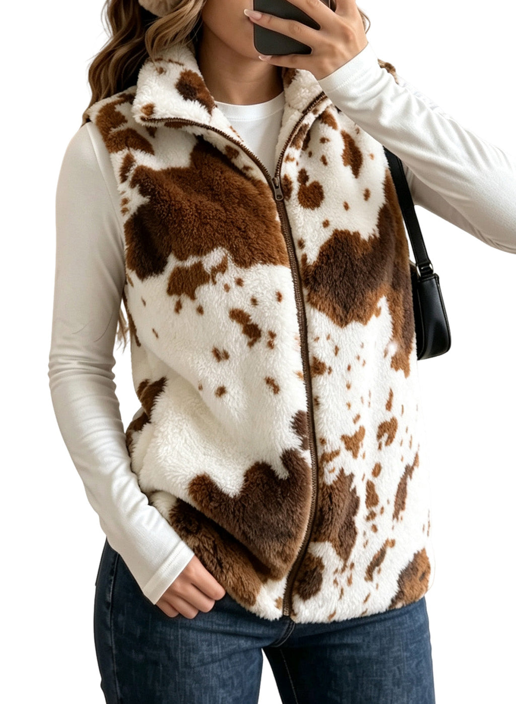 Dokotoo Womens Fleece Vest Zip Up Cow Print Sherpa Sleeveless Jacket