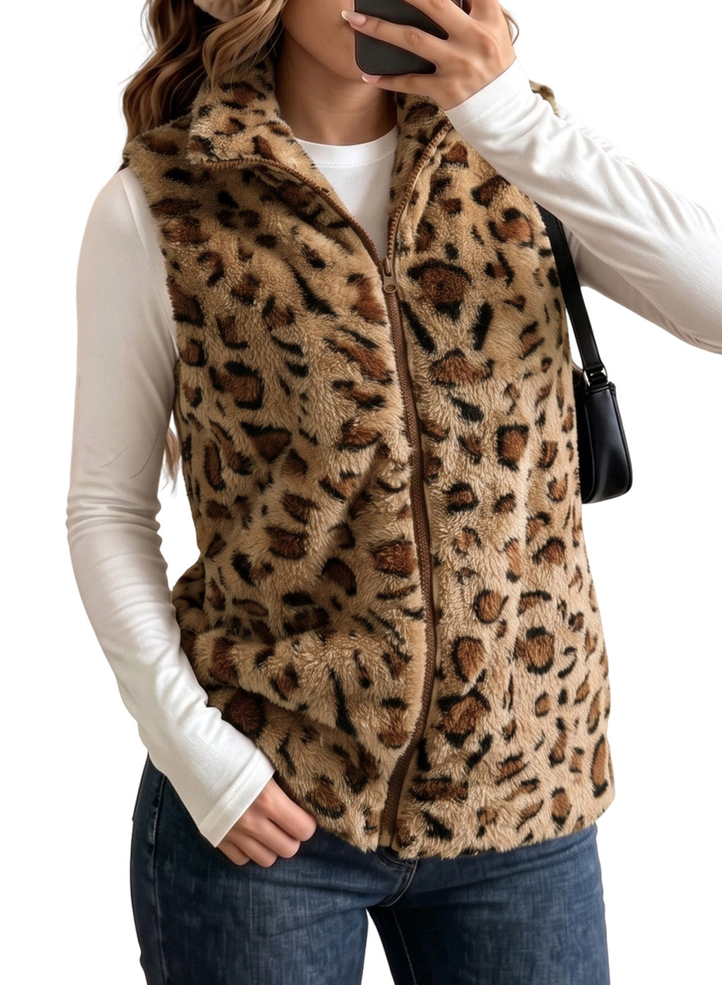 Dokotoo Womens Fleece Vest Zip Up Cow Print Sherpa Sleeveless Jacket