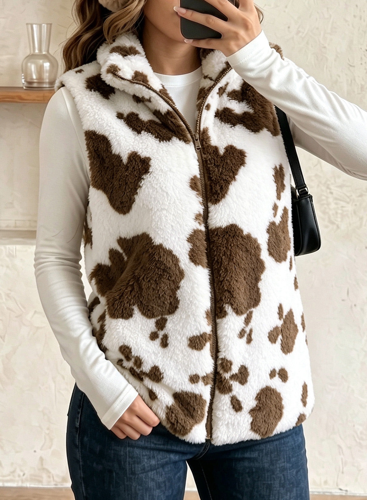 Dokotoo Womens Fleece Vest Zip Up Cow Print Sherpa Sleeveless Jacket