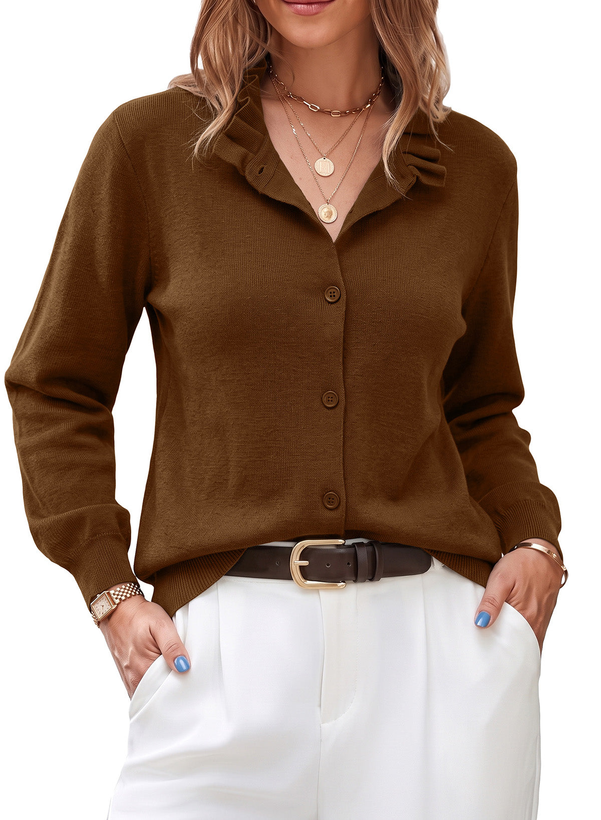 Dokotoo Cardigan Sweaters for Women Long Sleeve Stand Collar Ruffle Button Down Cardigans