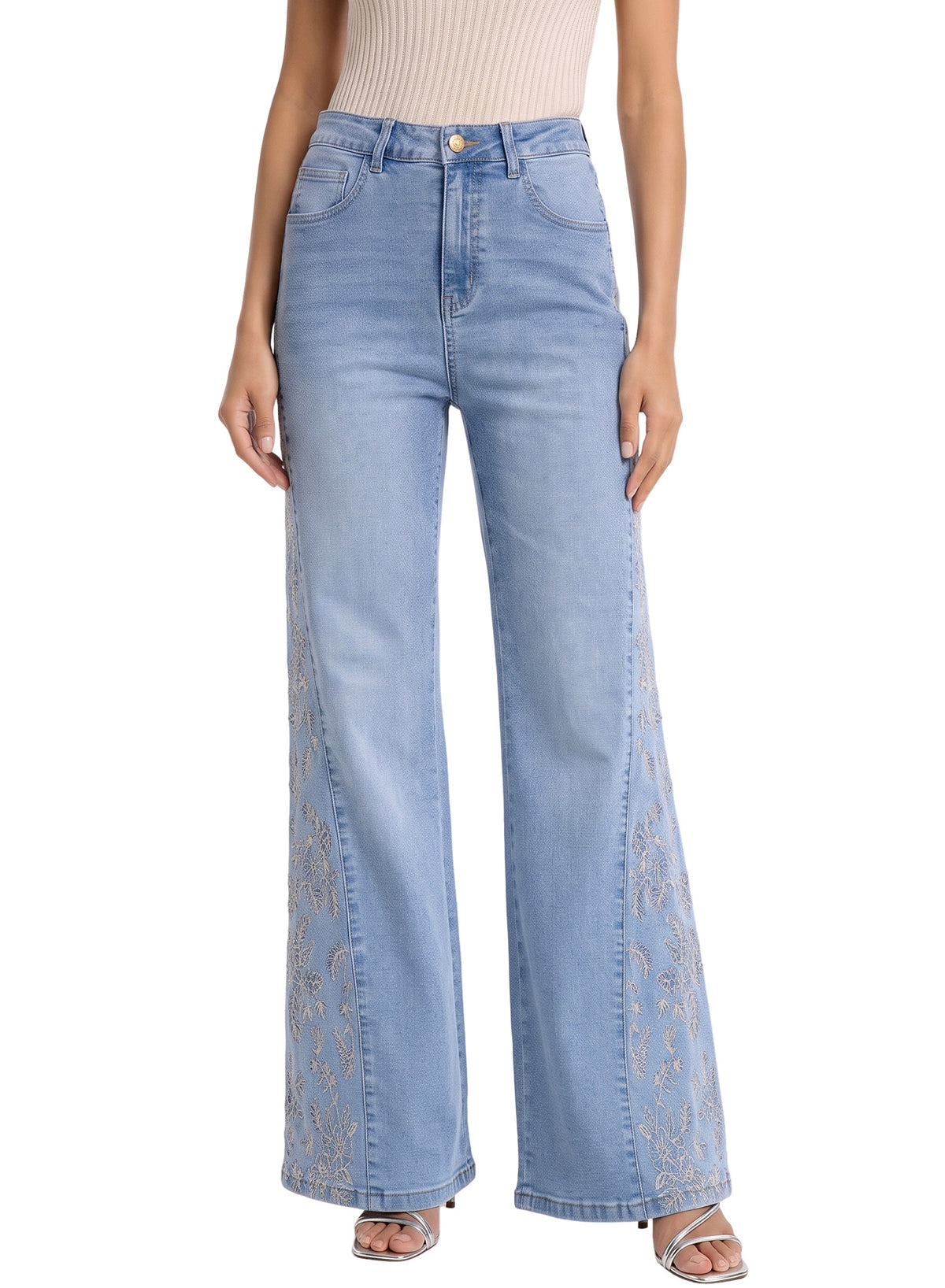 Dokotoo Women's Casual High Waist Embroidery Flare Leg Stretch Denim Pants