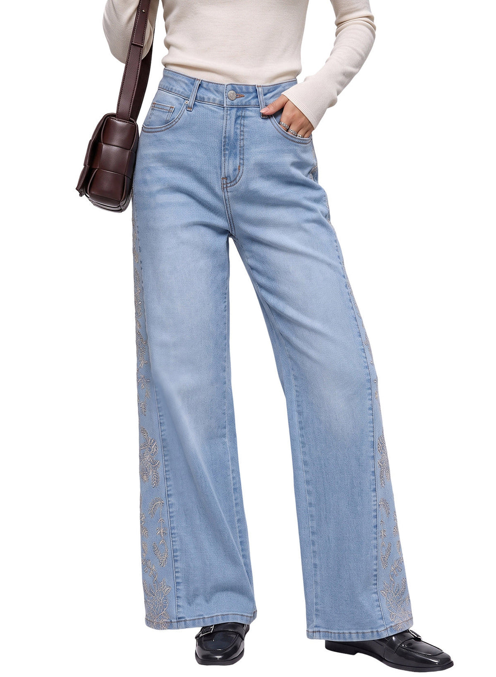Dokotoo Women's Casual High Waist Embroidery Flare Leg Stretch Denim Pants