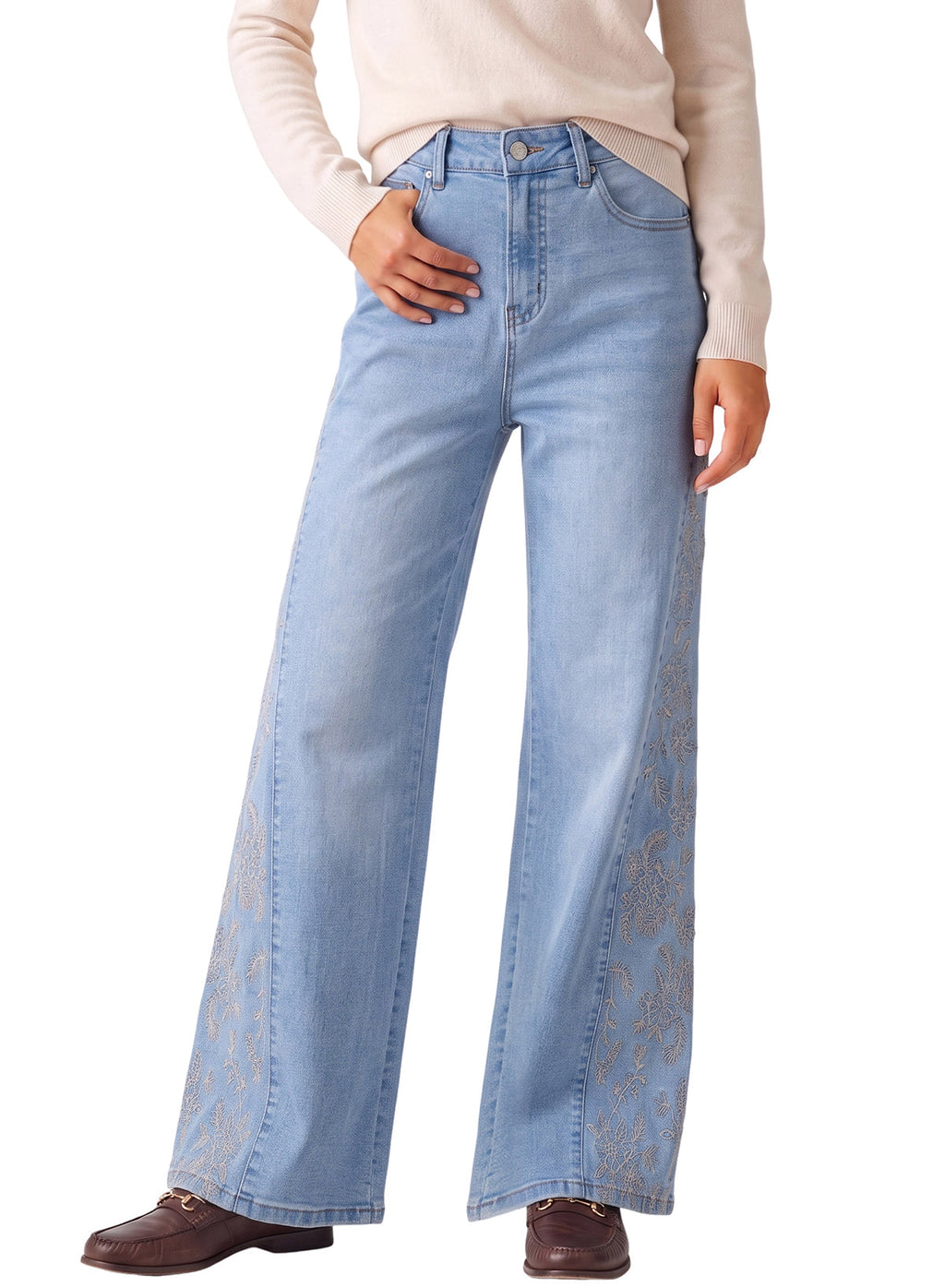Dokotoo Women's Casual High Waist Embroidery Flare Leg Stretch Denim Pants