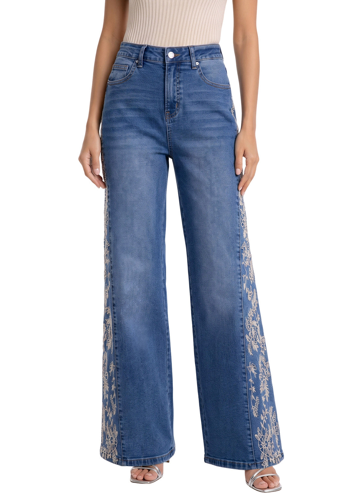 Dokotoo Women's Casual High Waist Embroidery Flare Leg Stretch Denim Pants