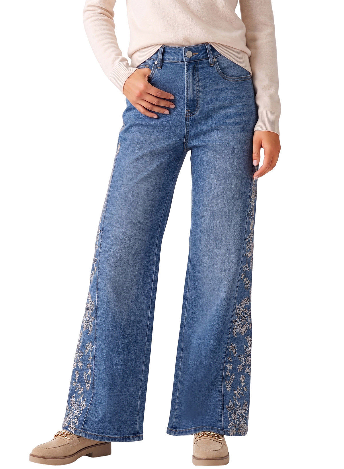 Dokotoo Women's Casual High Waist Embroidery Flare Leg Stretch Denim Pants
