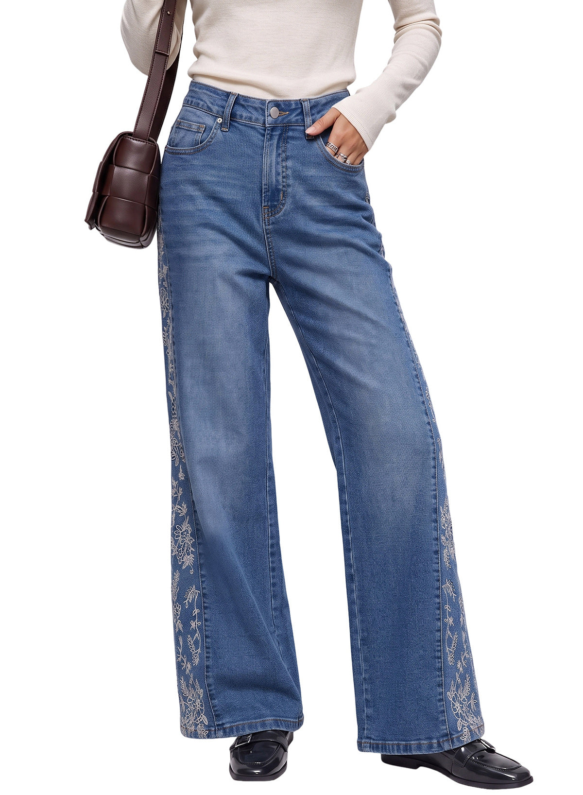 Dokotoo Women's Casual High Waist Embroidery Flare Leg Stretch Denim Pants