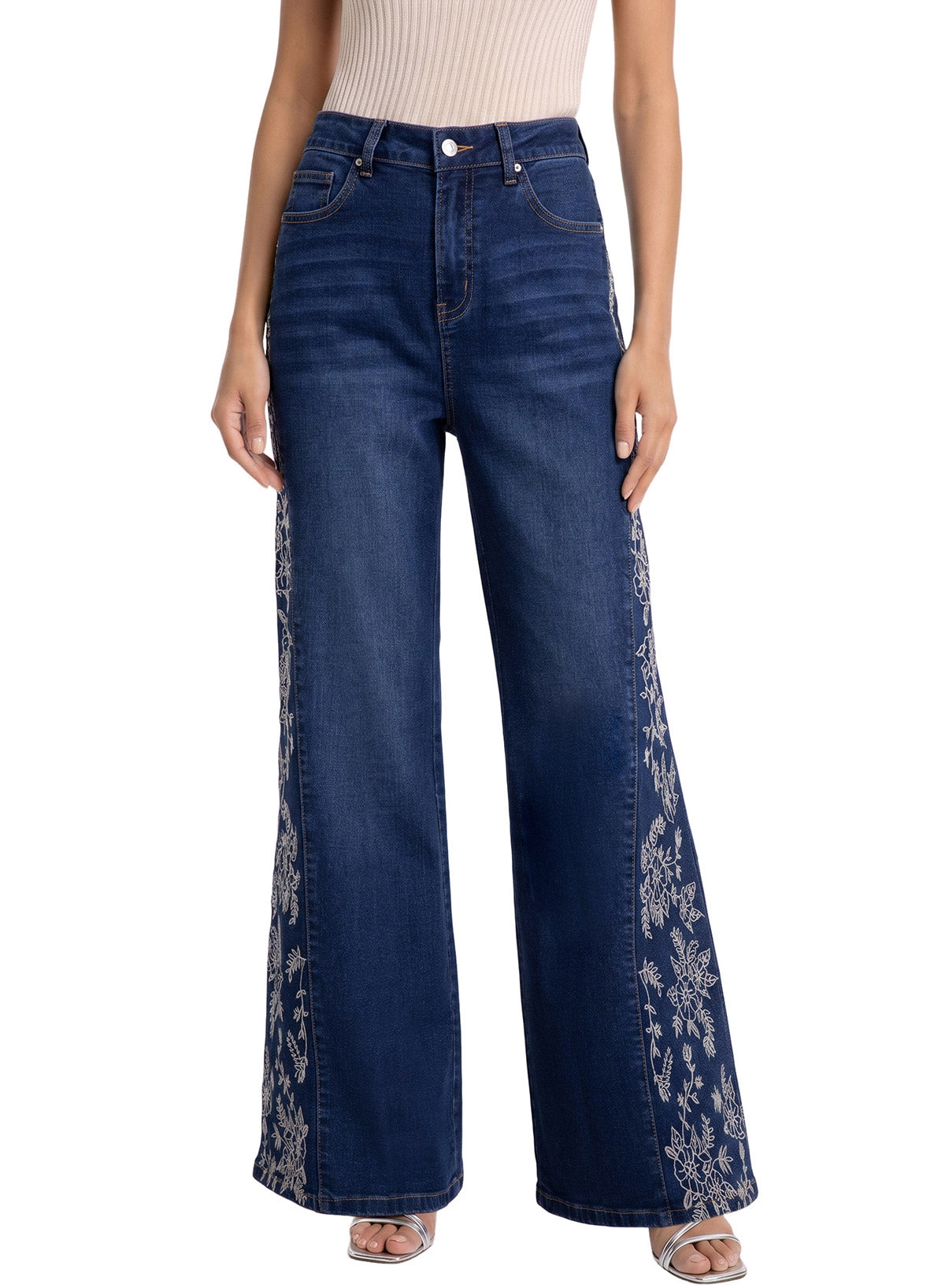 Dokotoo Women's Casual High Waist Embroidery Flare Leg Stretch Denim Pants