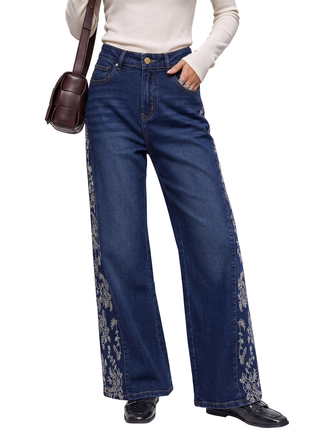 Dokotoo Women's Casual High Waist Embroidery Flare Leg Stretch Denim Pants
