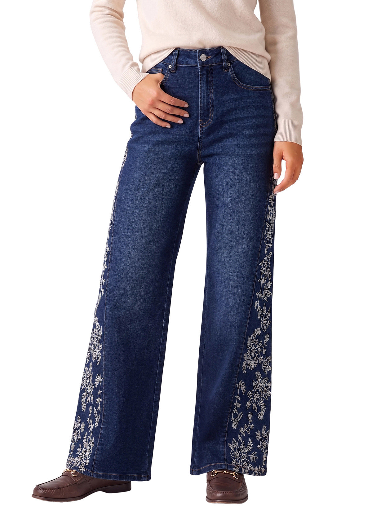 Dokotoo Women's Casual High Waist Embroidery Flare Leg Stretch Denim Pants