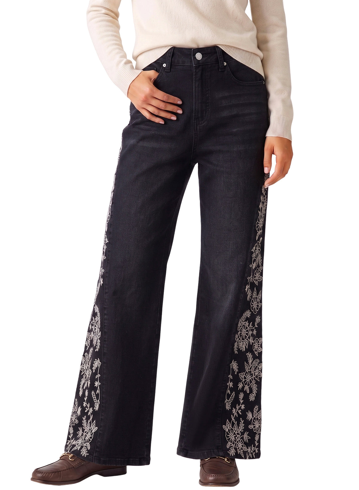Dokotoo Women's Casual High Waist Embroidery Flare Leg Stretch Denim Pants