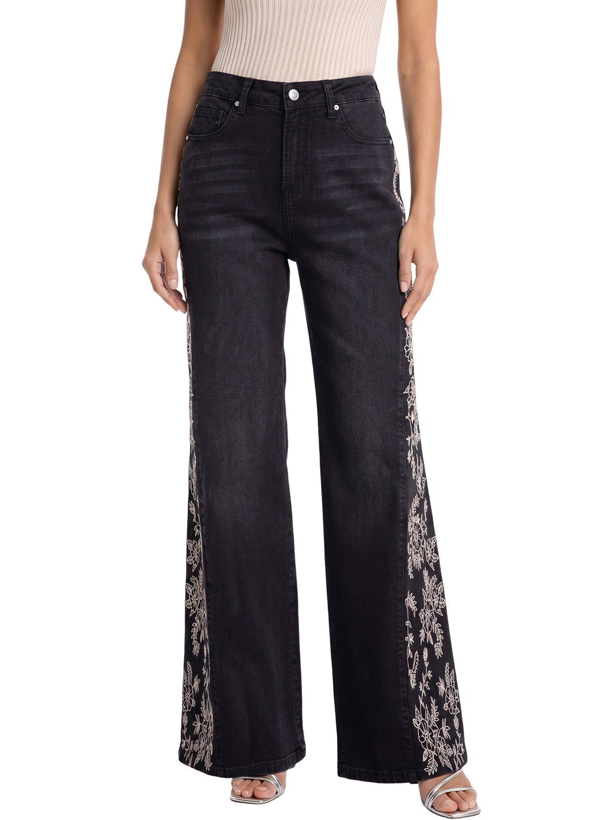 Dokotoo Women's Casual High Waist Embroidery Flare Leg Stretch Denim Pants