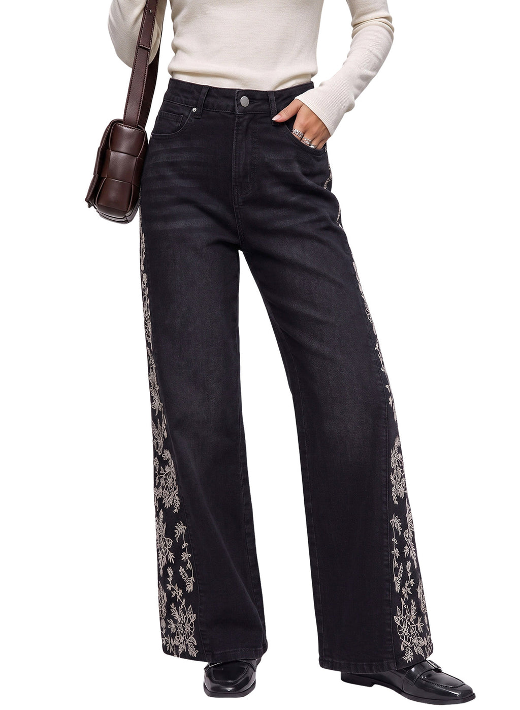 Dokotoo Women's Casual High Waist Embroidery Flare Leg Stretch Denim Pants