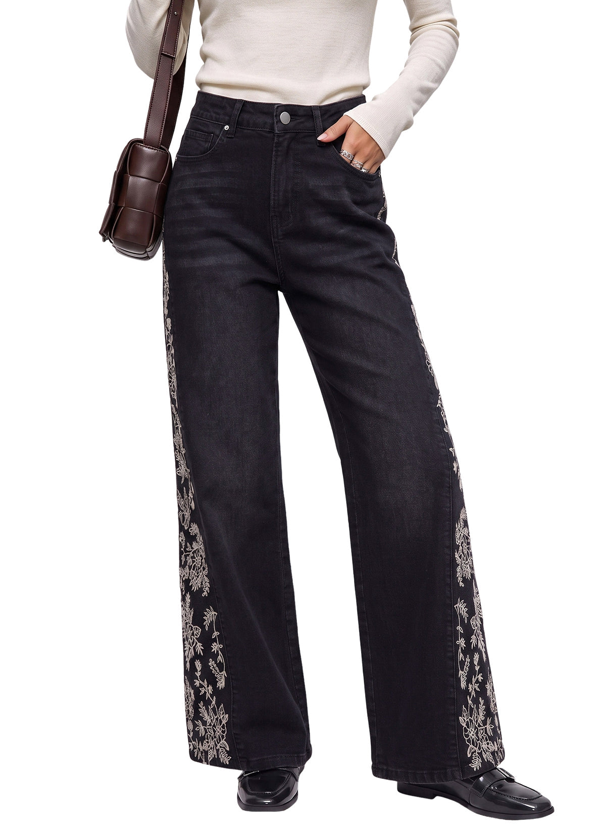 Dokotoo Women's Casual High Waist Embroidery Flare Leg Stretch Denim Pants