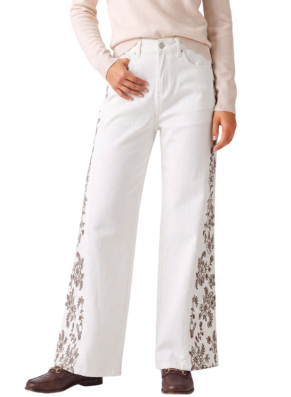 Dokotoo Women's Casual High Waist Embroidery Flare Leg Stretch Denim Pants