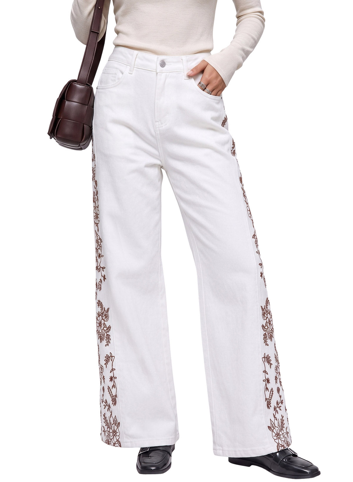 Dokotoo Women's Casual High Waist Embroidery Flare Leg Stretch Denim Pants