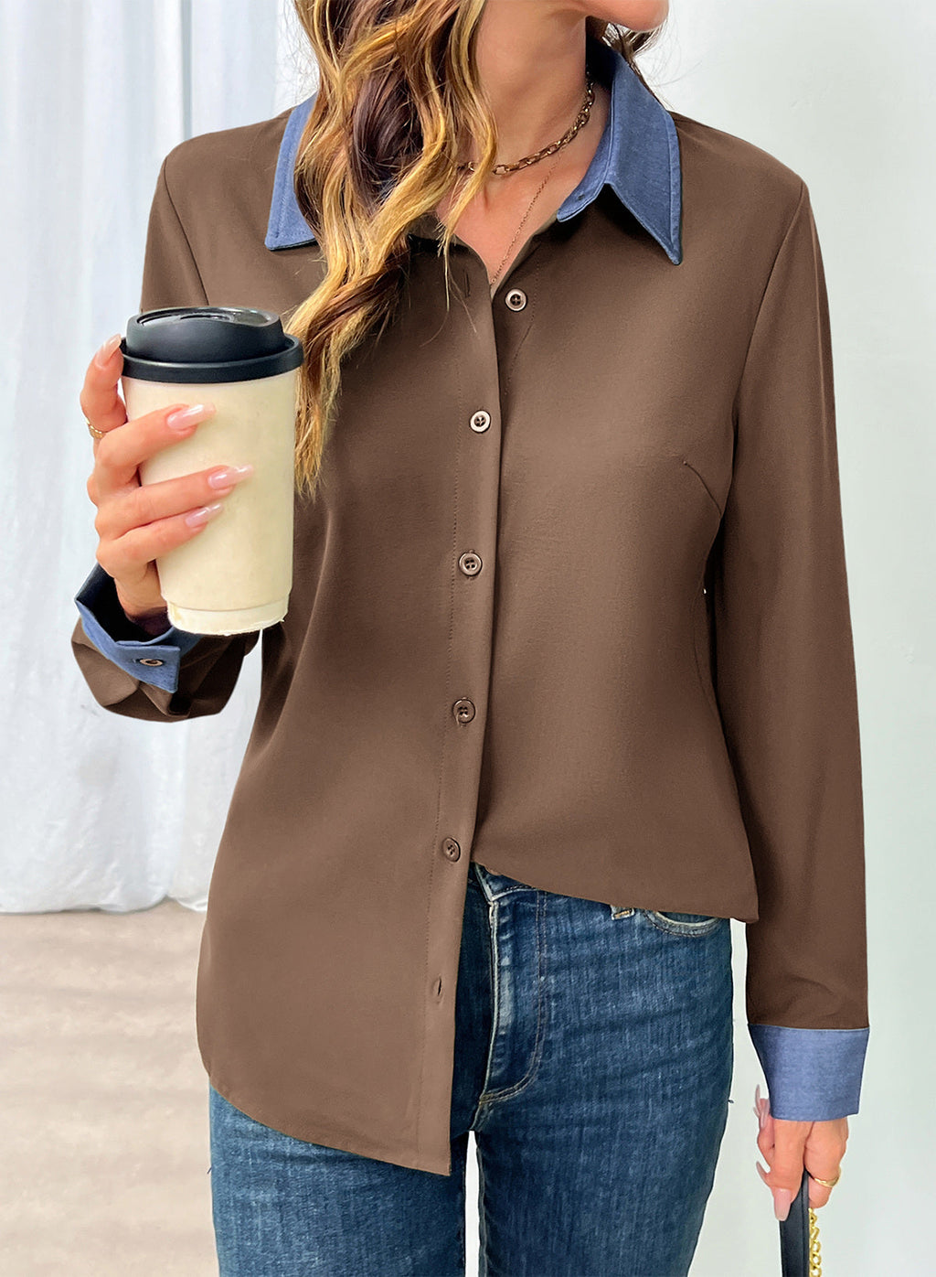 Dokotoo Button Down Shirts for Women Long Sleeve Denim Patchwork Tops