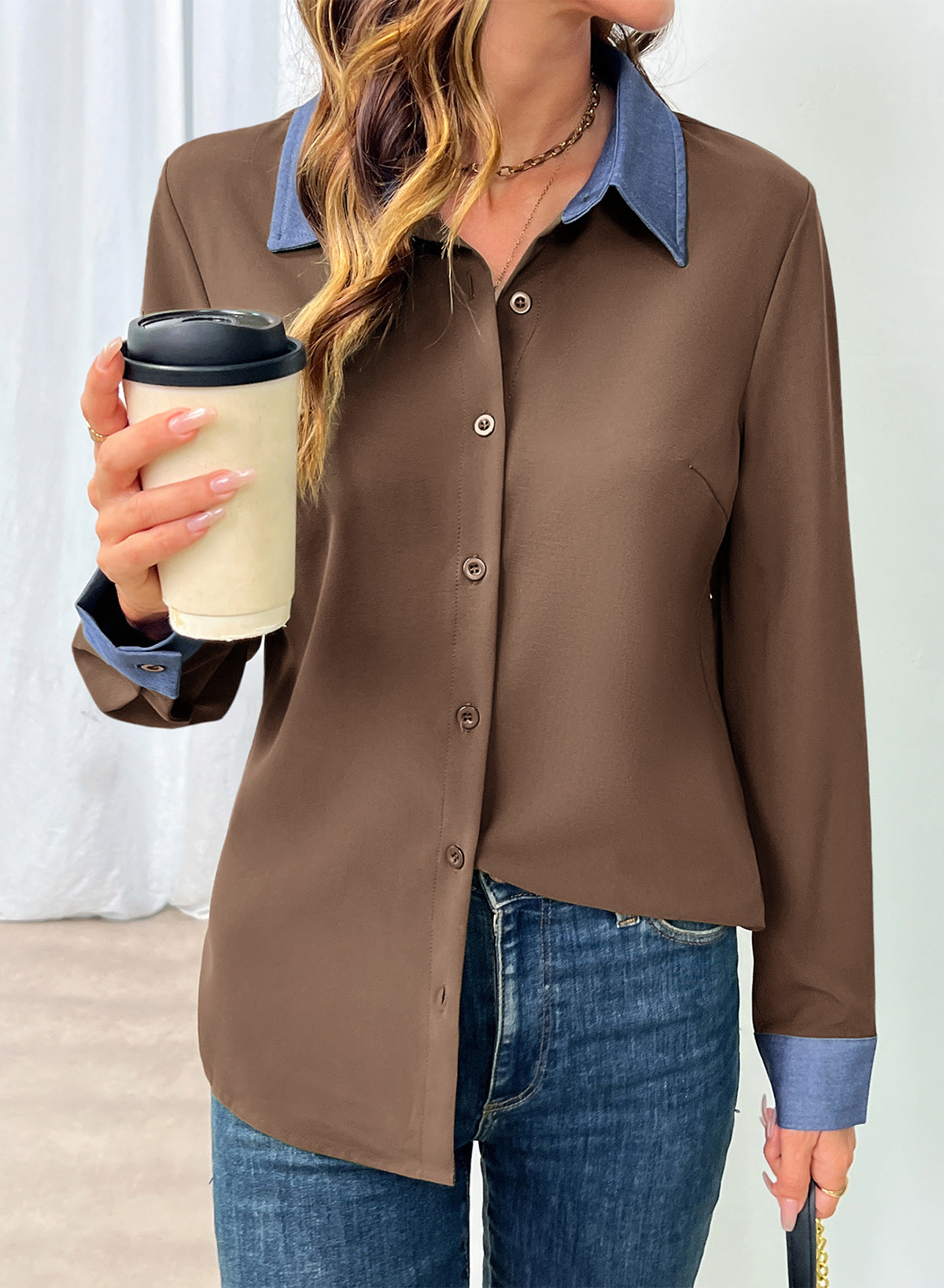 Dokotoo Button Down Shirts for Women Long Sleeve Denim Patchwork Tops