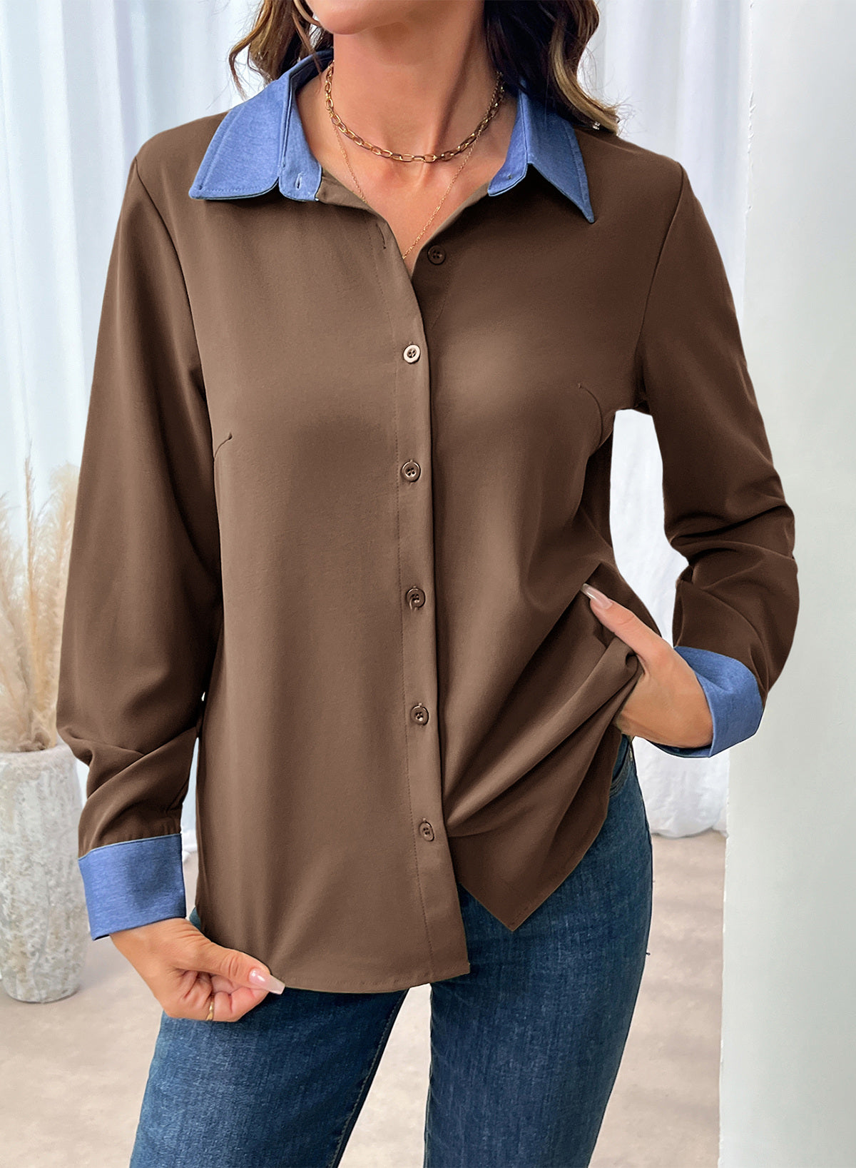 Dokotoo Button Down Shirts for Women Long Sleeve Denim Patchwork Tops