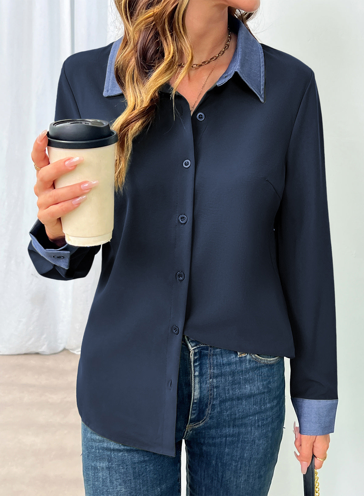 Dokotoo Button Down Shirts for Women Long Sleeve Denim Patchwork Tops