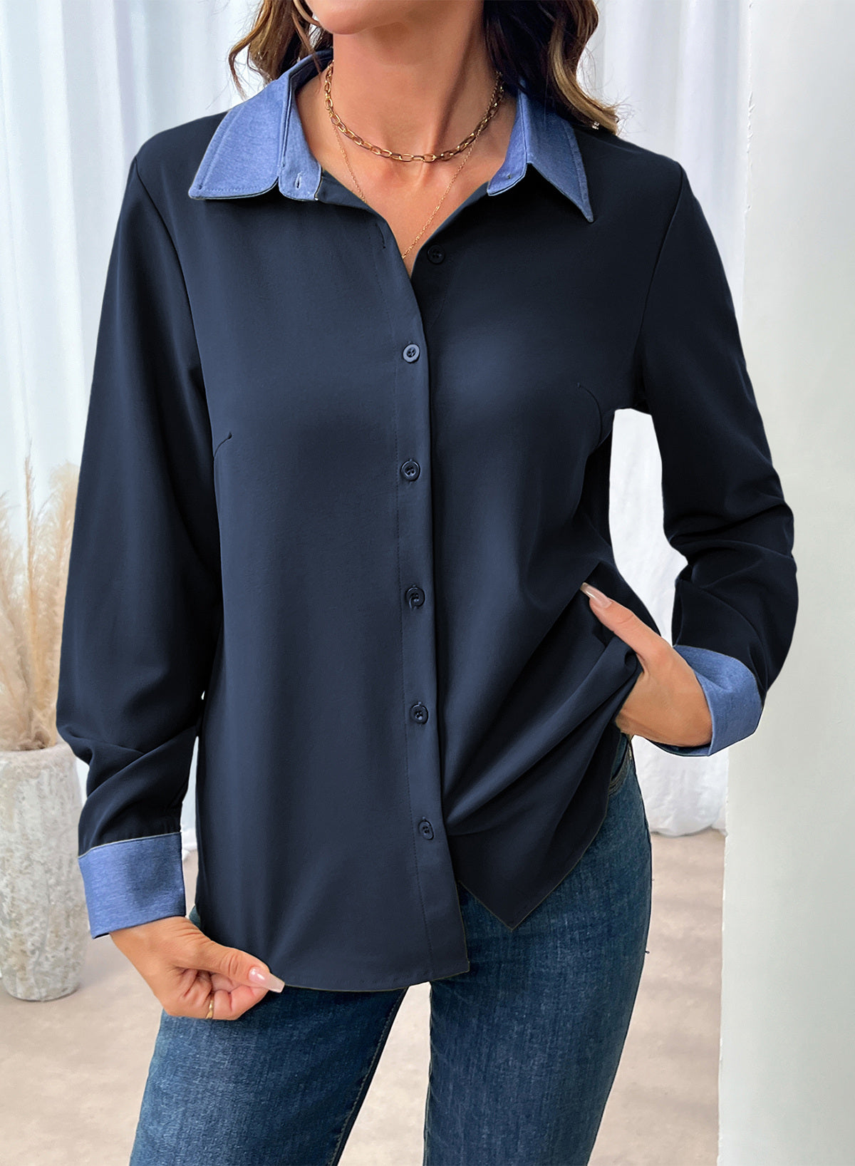 Dokotoo Button Down Shirts for Women Long Sleeve Denim Patchwork Tops