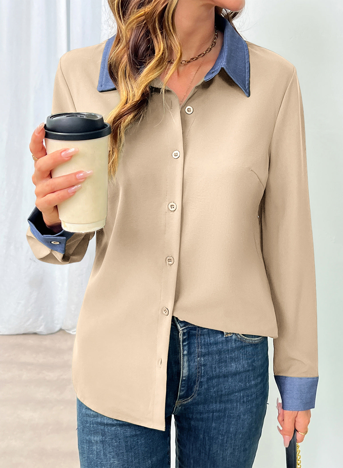 Dokotoo Button Down Shirts for Women Long Sleeve Denim Patchwork Tops