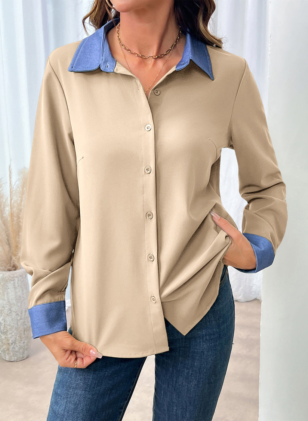Dokotoo Button Down Shirts for Women Long Sleeve Denim Patchwork Tops