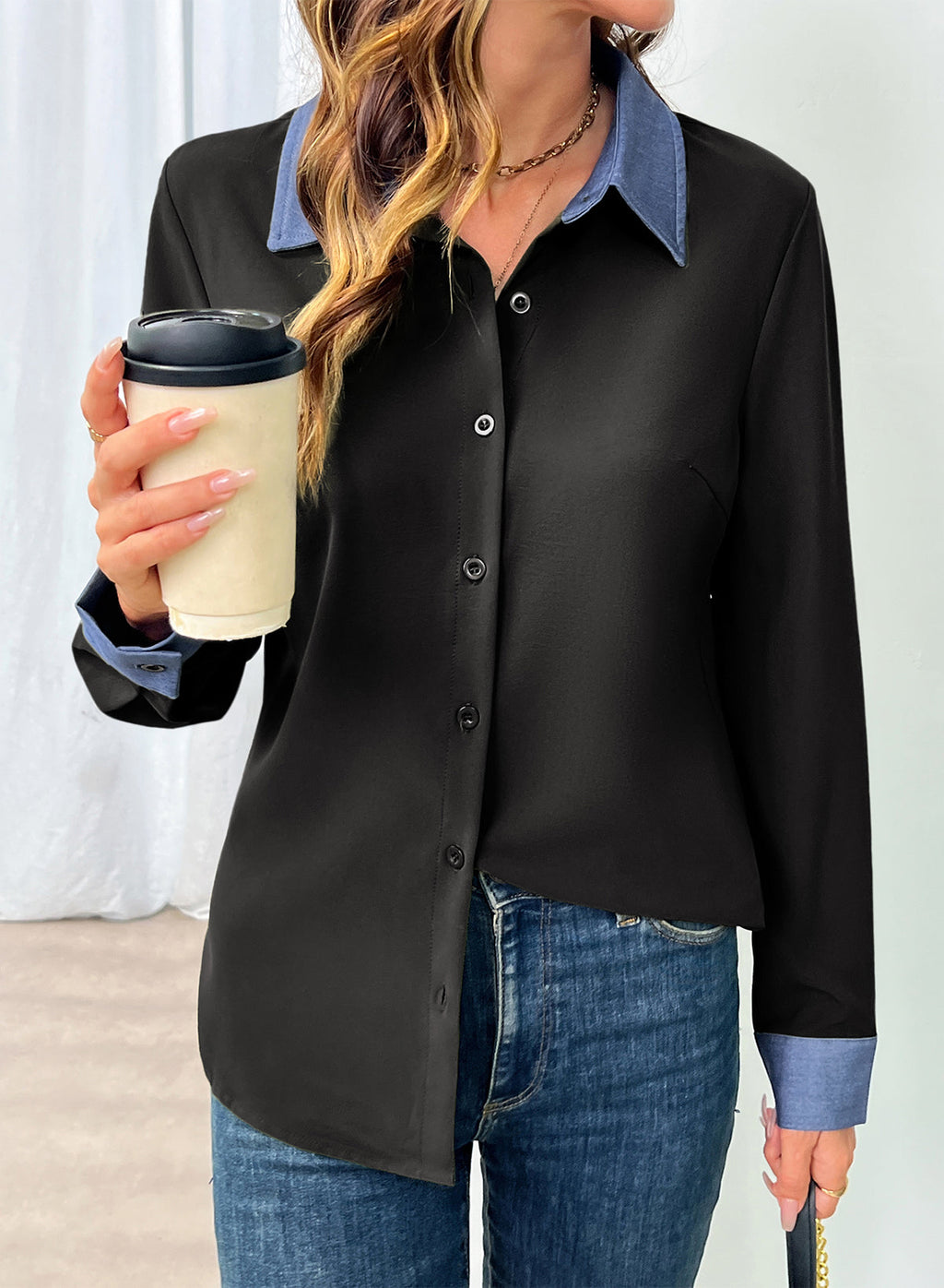 Dokotoo Button Down Shirts for Women Long Sleeve Denim Patchwork Tops