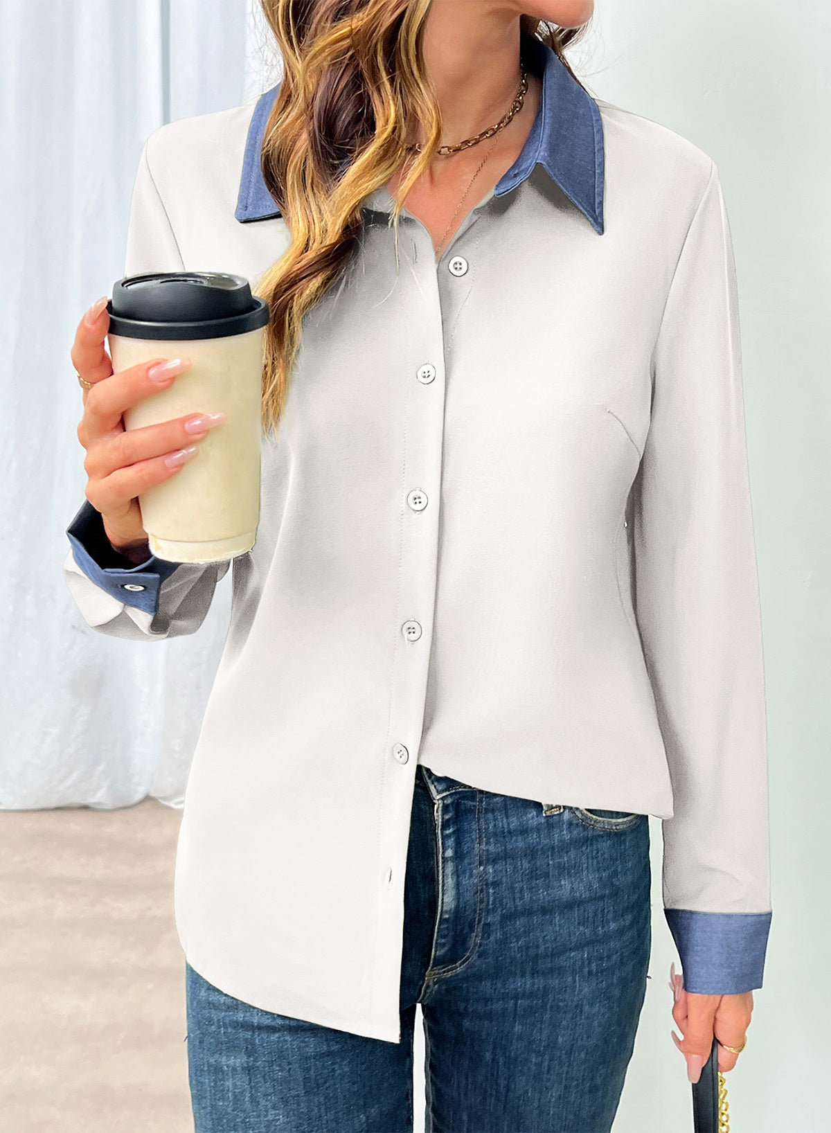 Dokotoo Button Down Shirts for Women Long Sleeve Denim Patchwork Tops