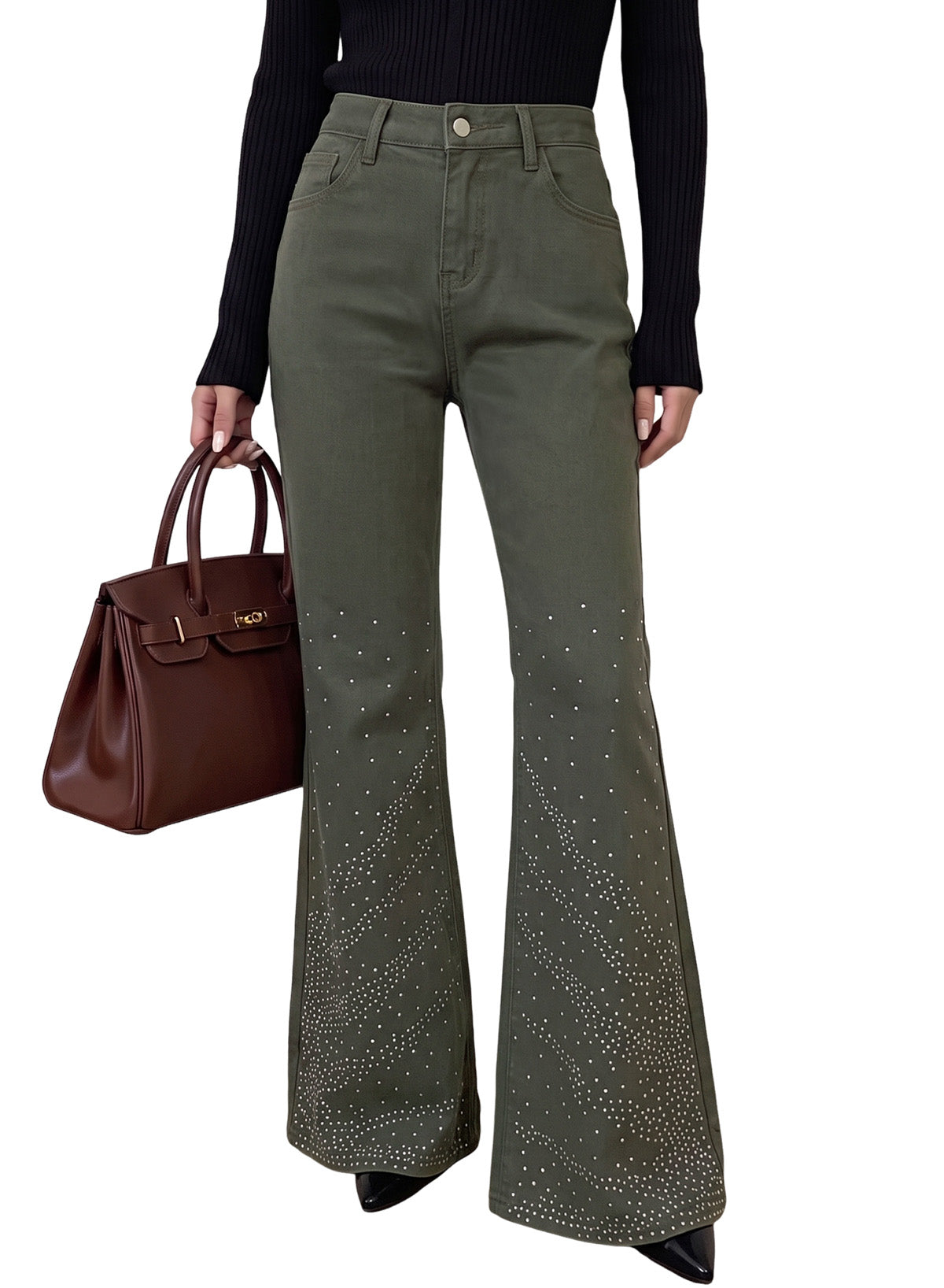 Dokotoo Flare Jeans for Women Trendy Rhinestone Wide Leg High Waisted Strechy Denim Pants