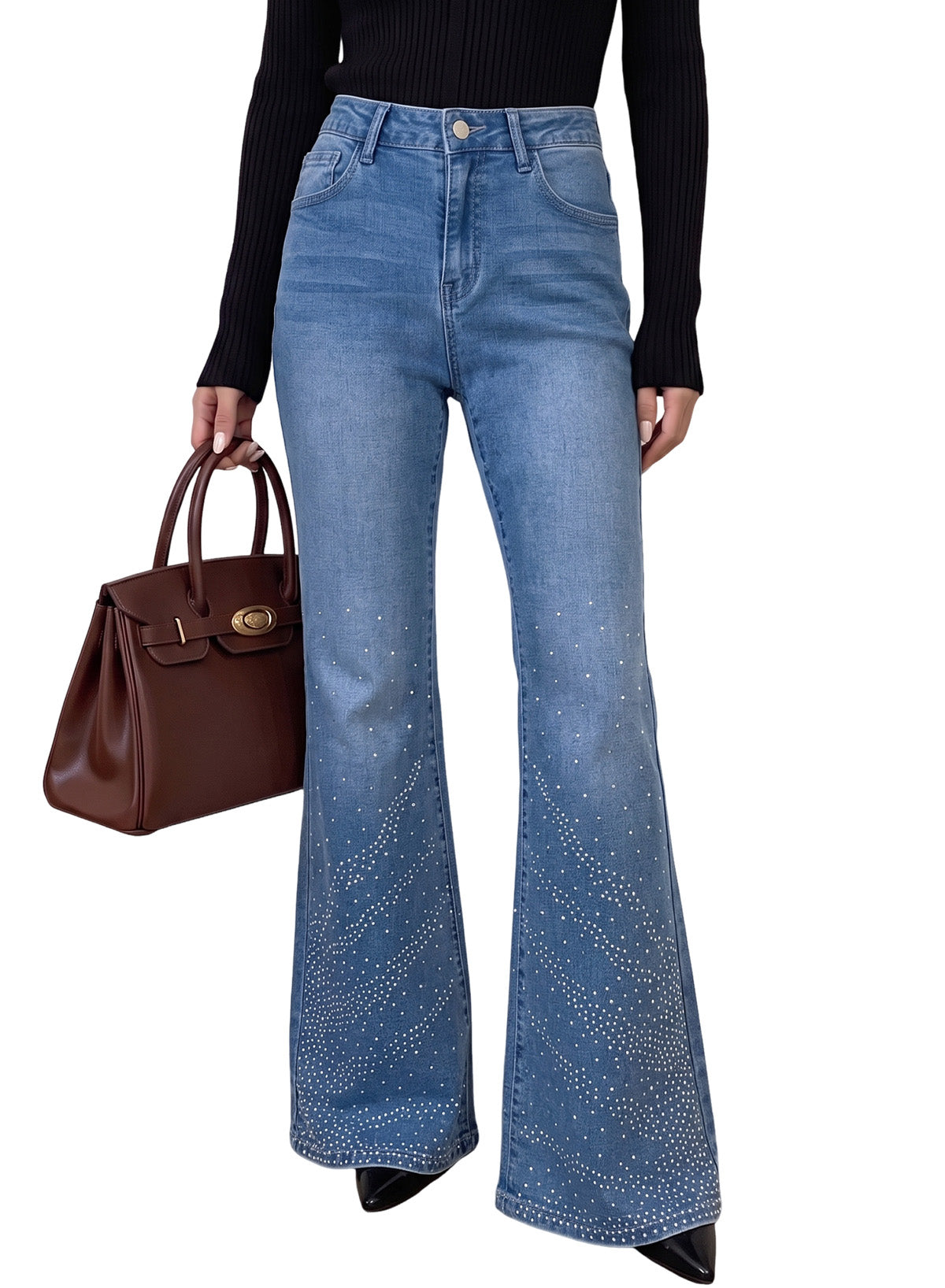 Dokotoo Flare Jeans for Women Trendy Rhinestone Wide Leg High Waisted Strechy Denim Pants