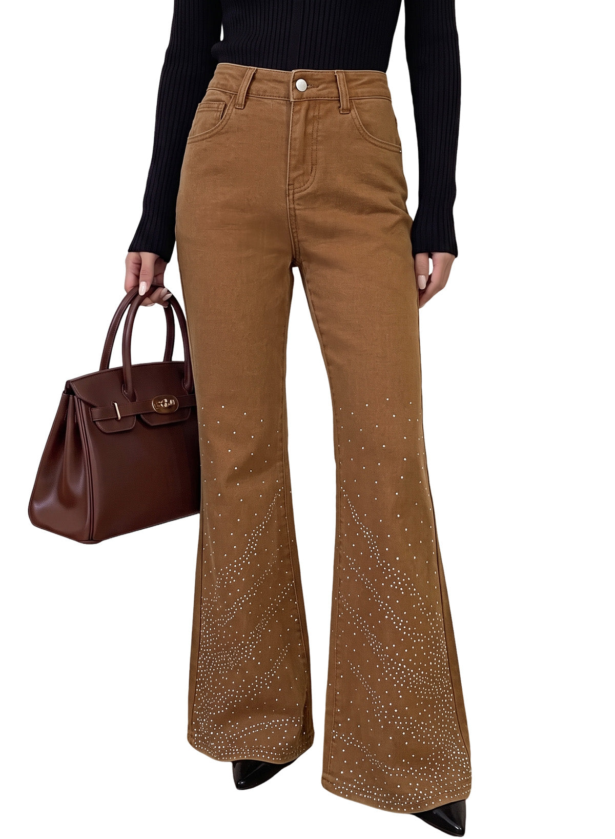 Dokotoo Flare Jeans for Women Trendy Rhinestone Wide Leg High Waisted Strechy Denim Pants