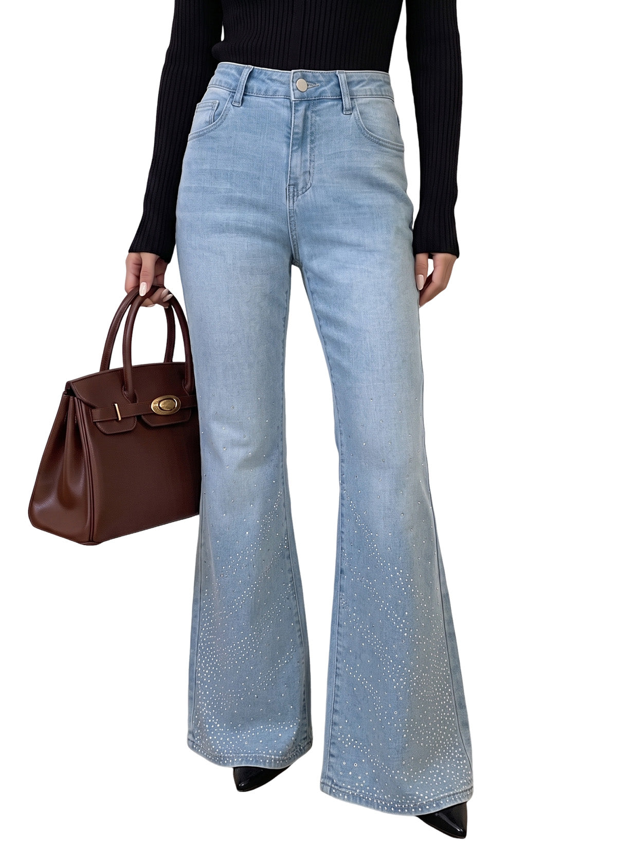 Dokotoo Flare Jeans for Women Trendy Rhinestone Wide Leg High Waisted Strechy Denim Pants