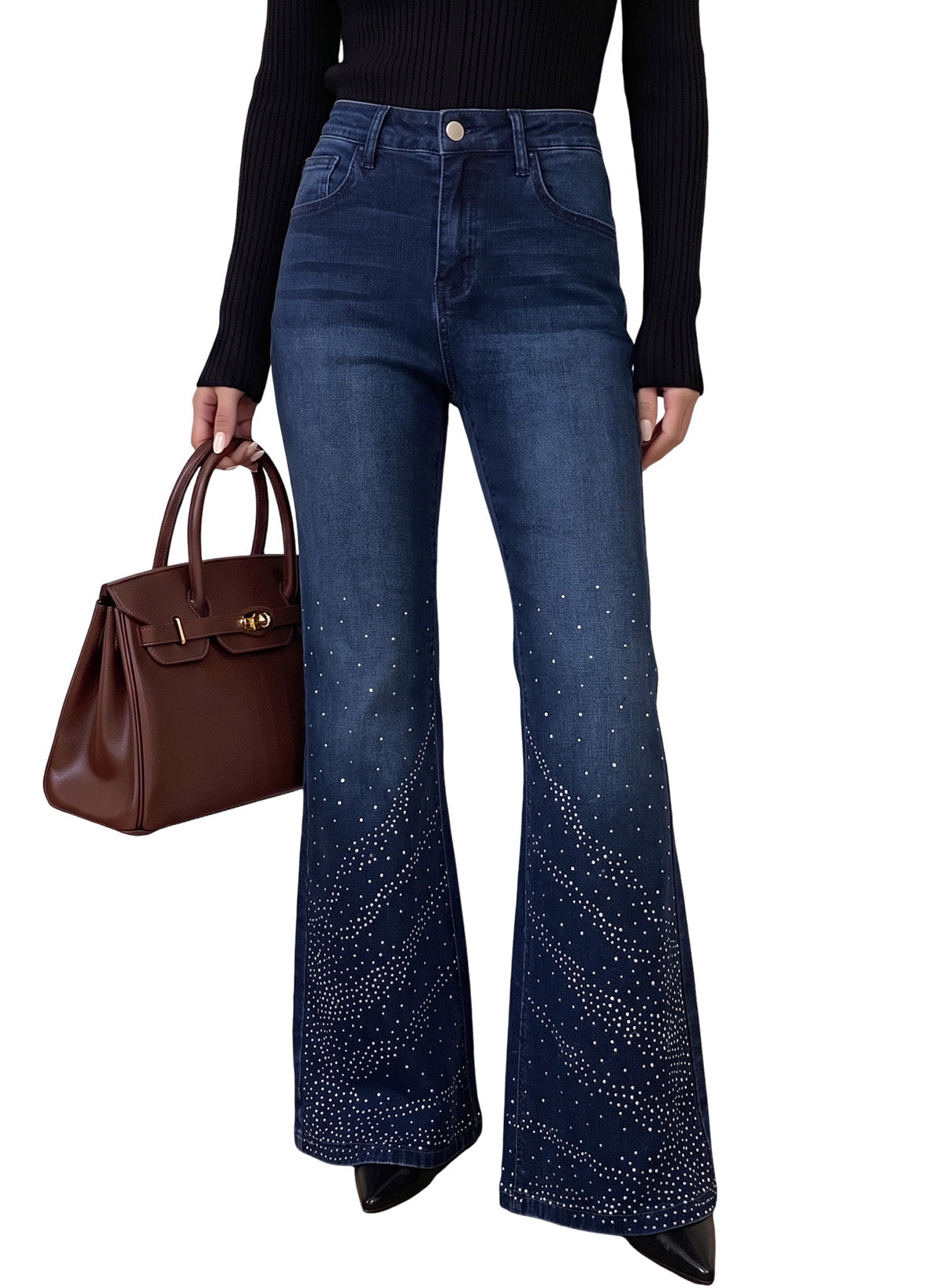 Dokotoo Flare Jeans for Women Trendy Rhinestone Wide Leg High Waisted Strechy Denim Pants
