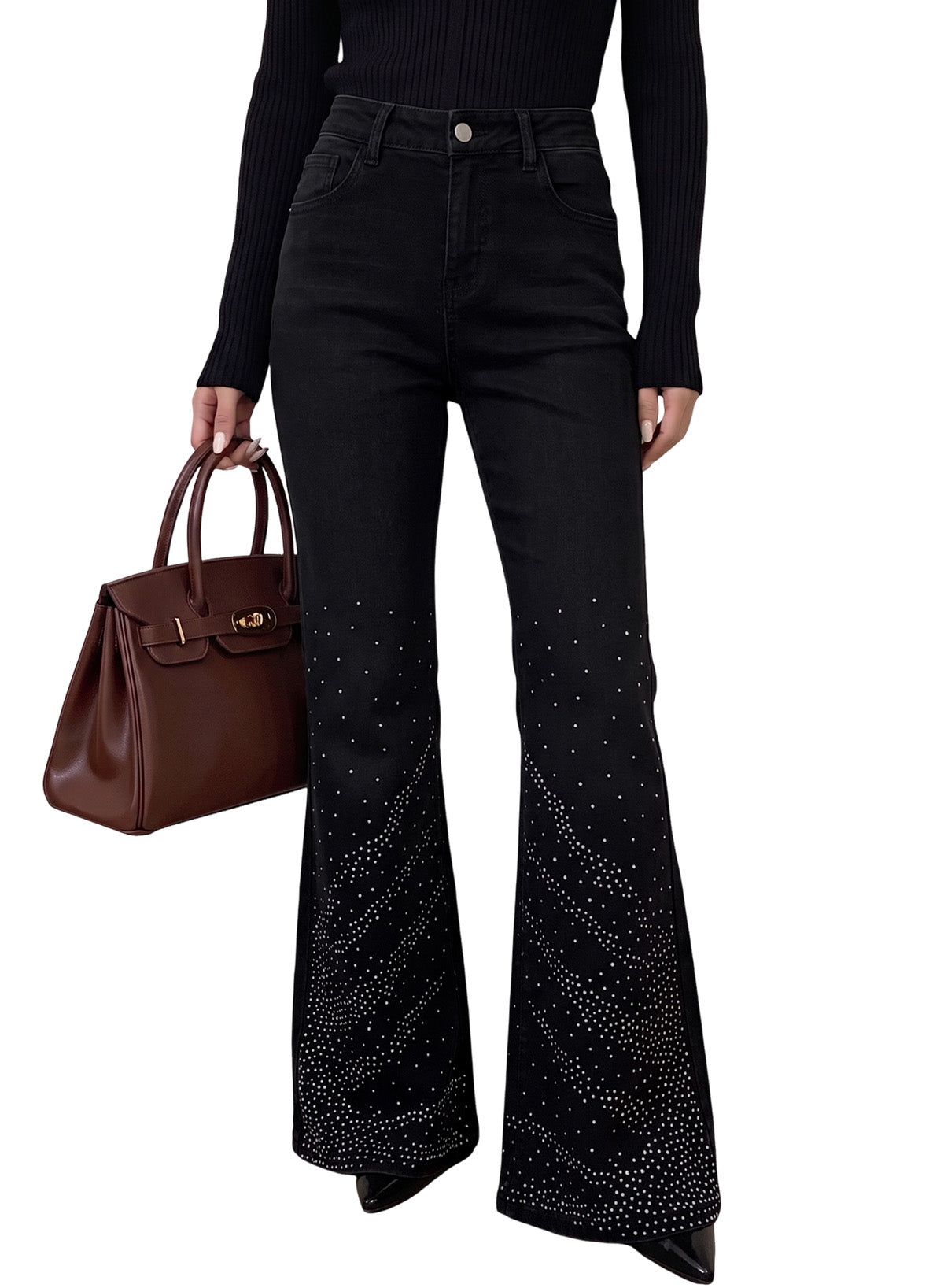 Dokotoo Flare Jeans for Women Trendy Rhinestone Wide Leg High Waisted Strechy Denim Pants