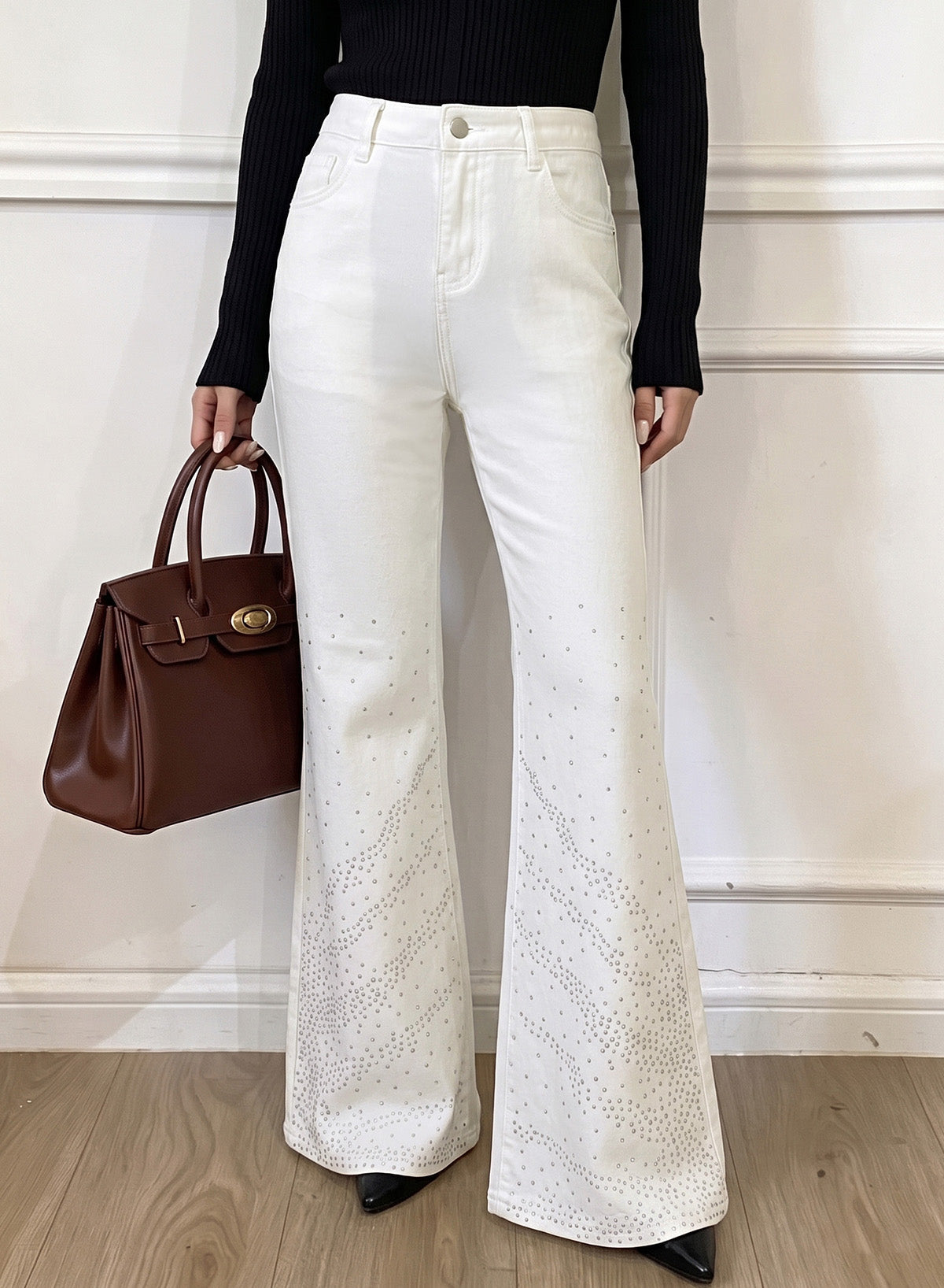 Dokotoo Flare Jeans for Women Trendy Rhinestone Wide Leg High Waisted Strechy Denim Pants