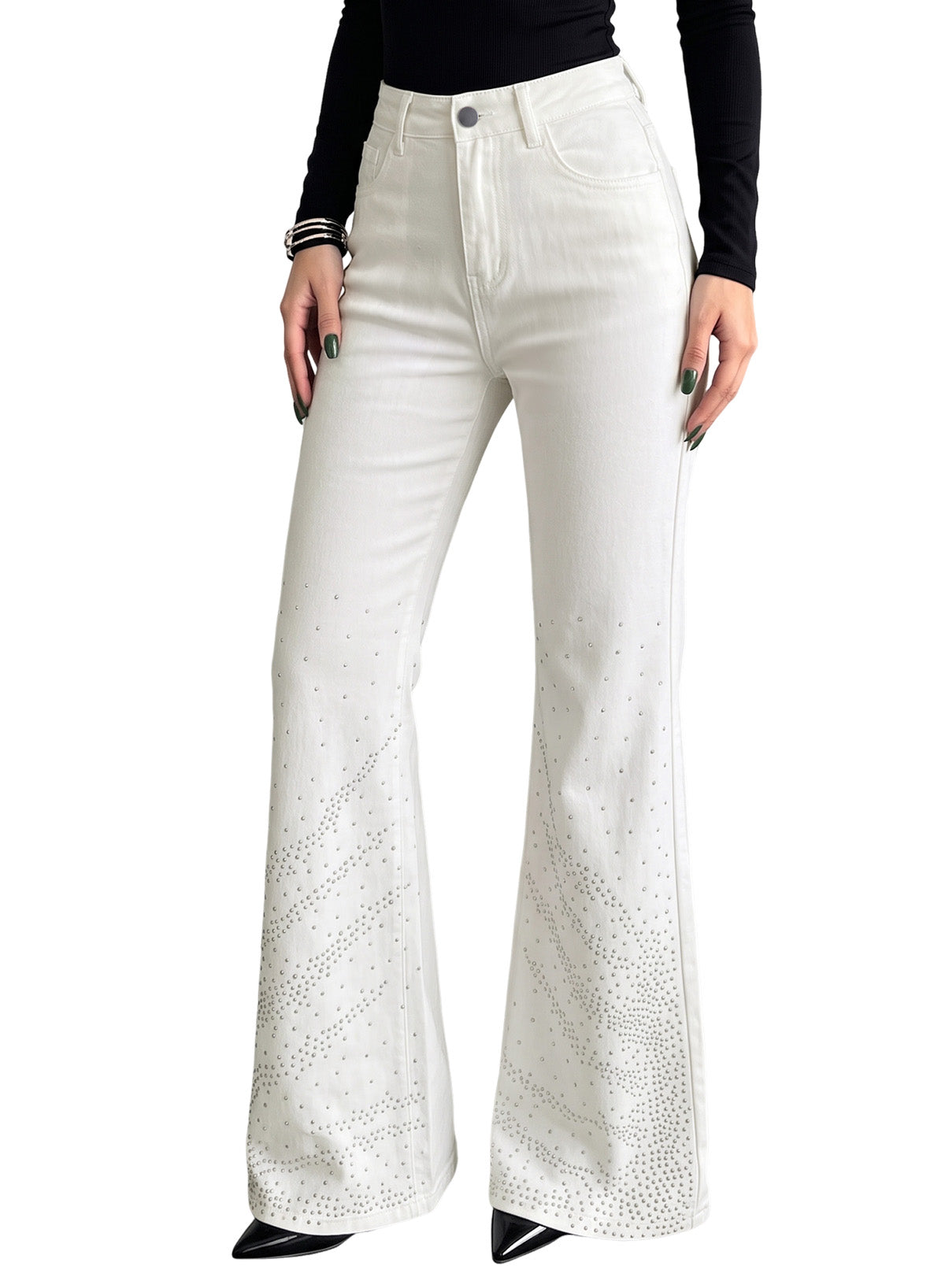 Dokotoo Flare Jeans for Women Trendy Rhinestone Wide Leg High Waisted Strechy Denim Pants
