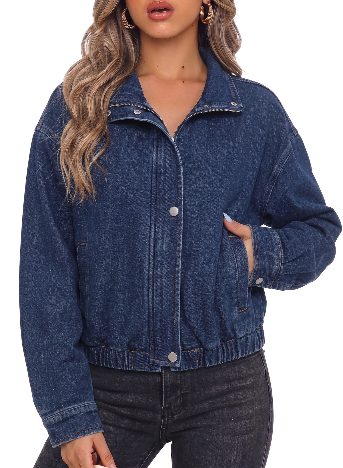 Dokotoo Womens Cropped Jean Jacket Zip Up Oversized Denim Jacket