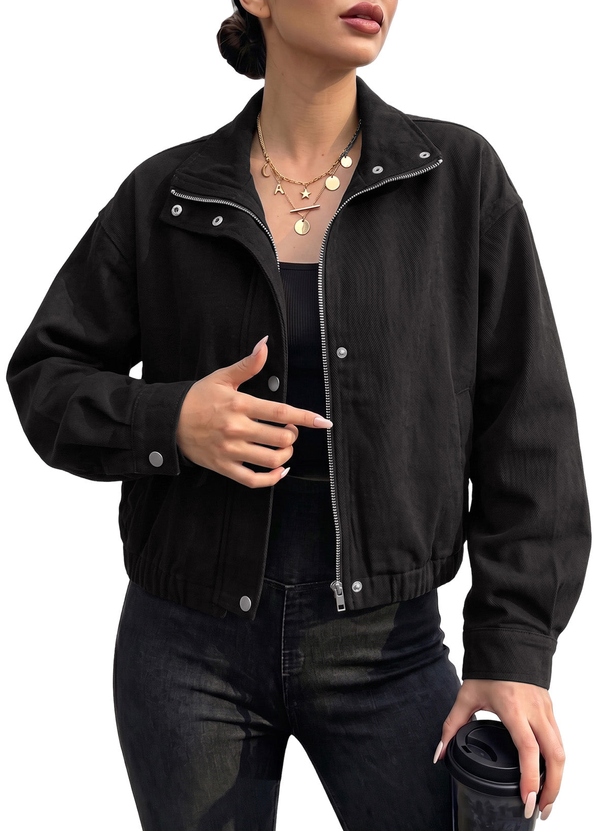 Dokotoo Womens Cropped Jean Jacket Zip Up Oversized Denim Jacket