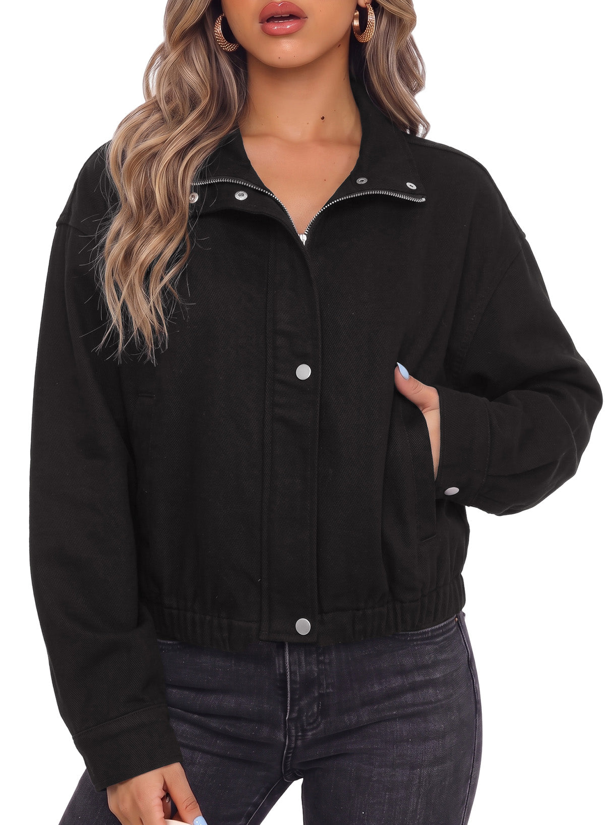 Dokotoo Womens Cropped Jean Jacket Zip Up Oversized Denim Jacket