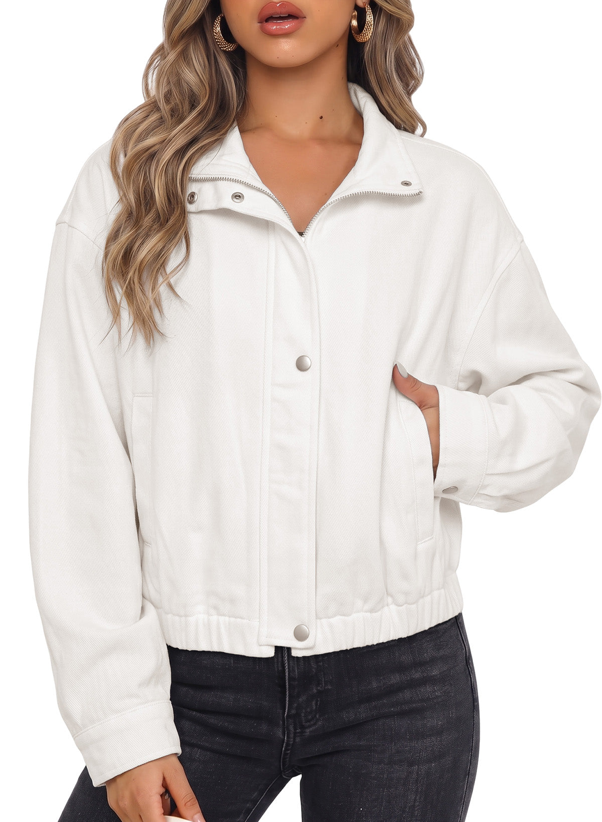 Dokotoo Womens Cropped Jean Jacket Zip Up Oversized Denim Jacket