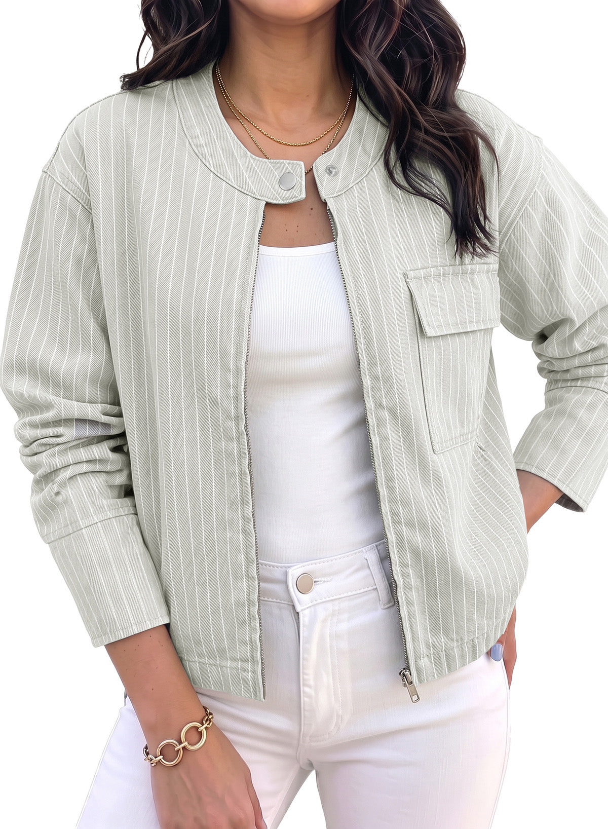 Dokotoo Women's Striped Denim Jacket 2026 Fall Zipper Button Jeans Coats