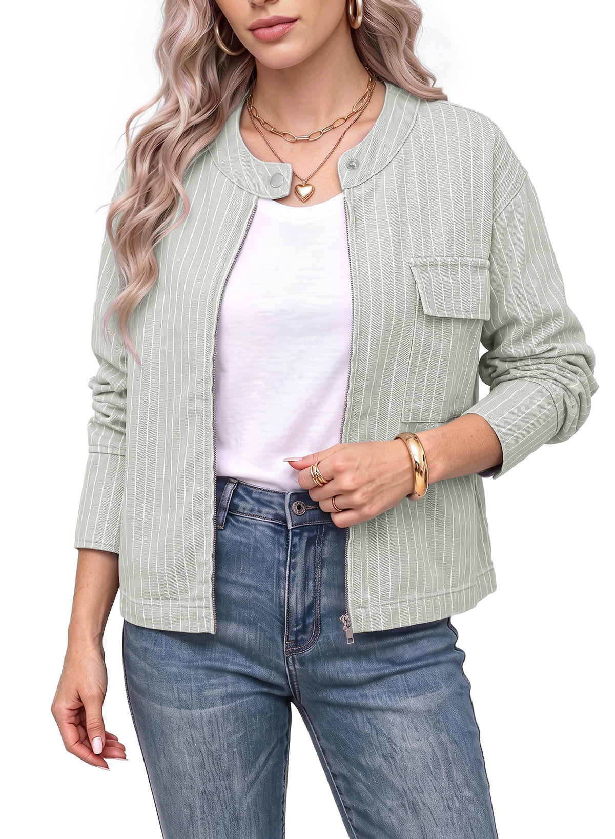 Dokotoo Women's Striped Denim Jacket 2026 Fall Zipper Button Jeans Coats