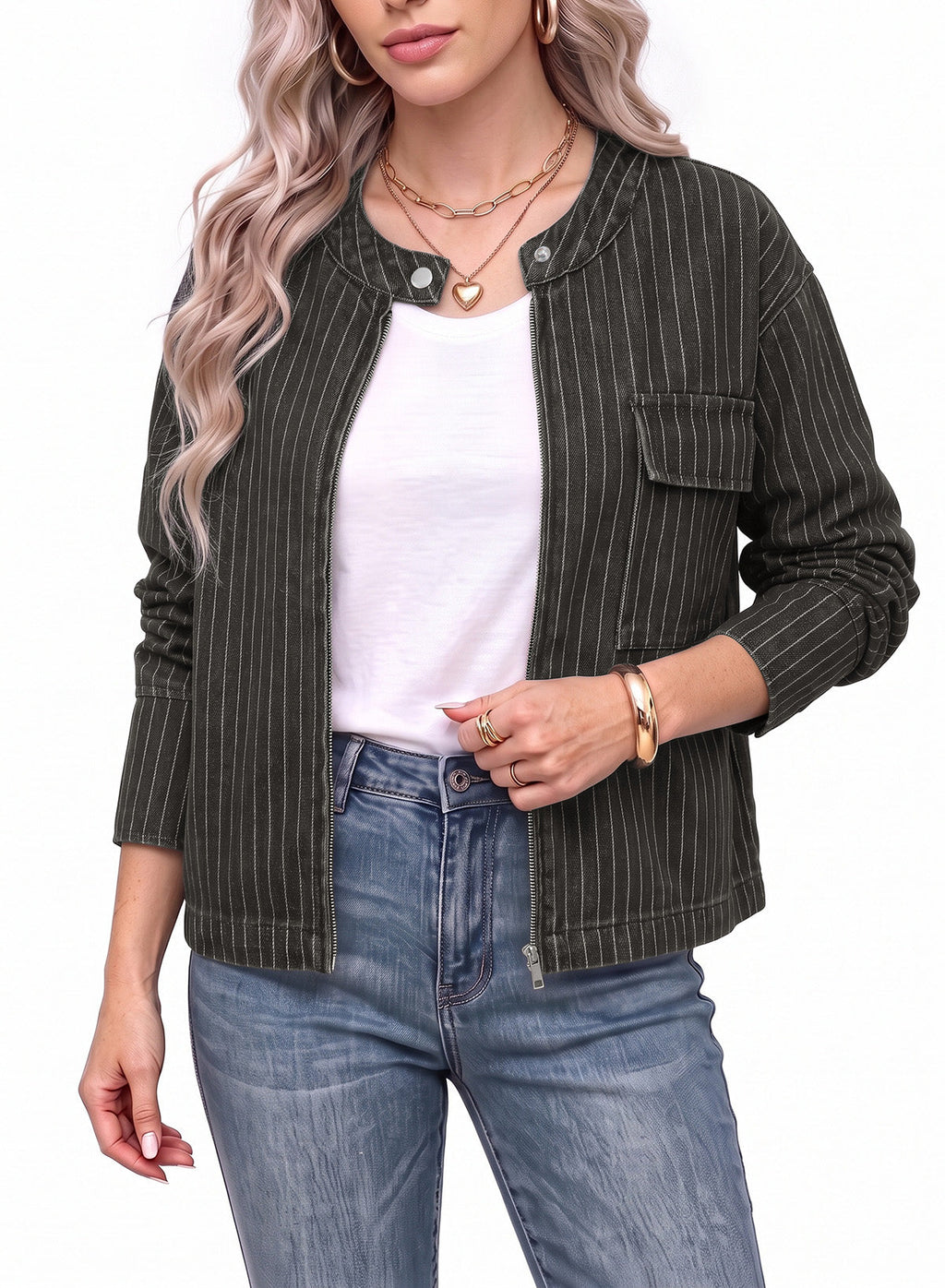 Dokotoo Women's Striped Denim Jacket 2026 Fall Zipper Button Jeans Coats