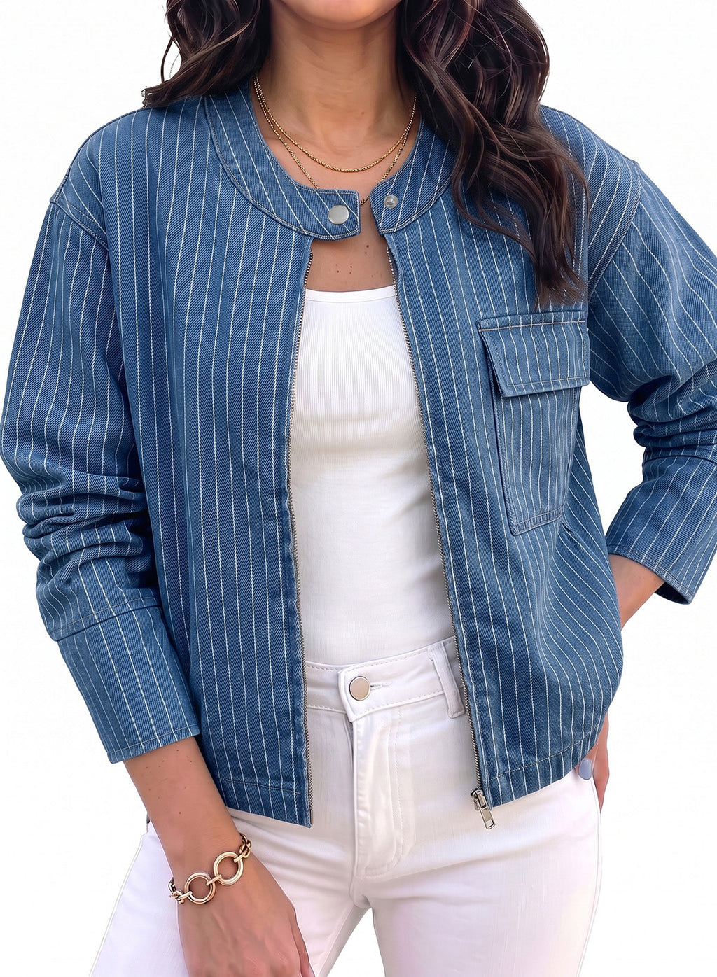 Dokotoo Women's Striped Denim Jacket 2026 Fall Zipper Button Jeans Coats