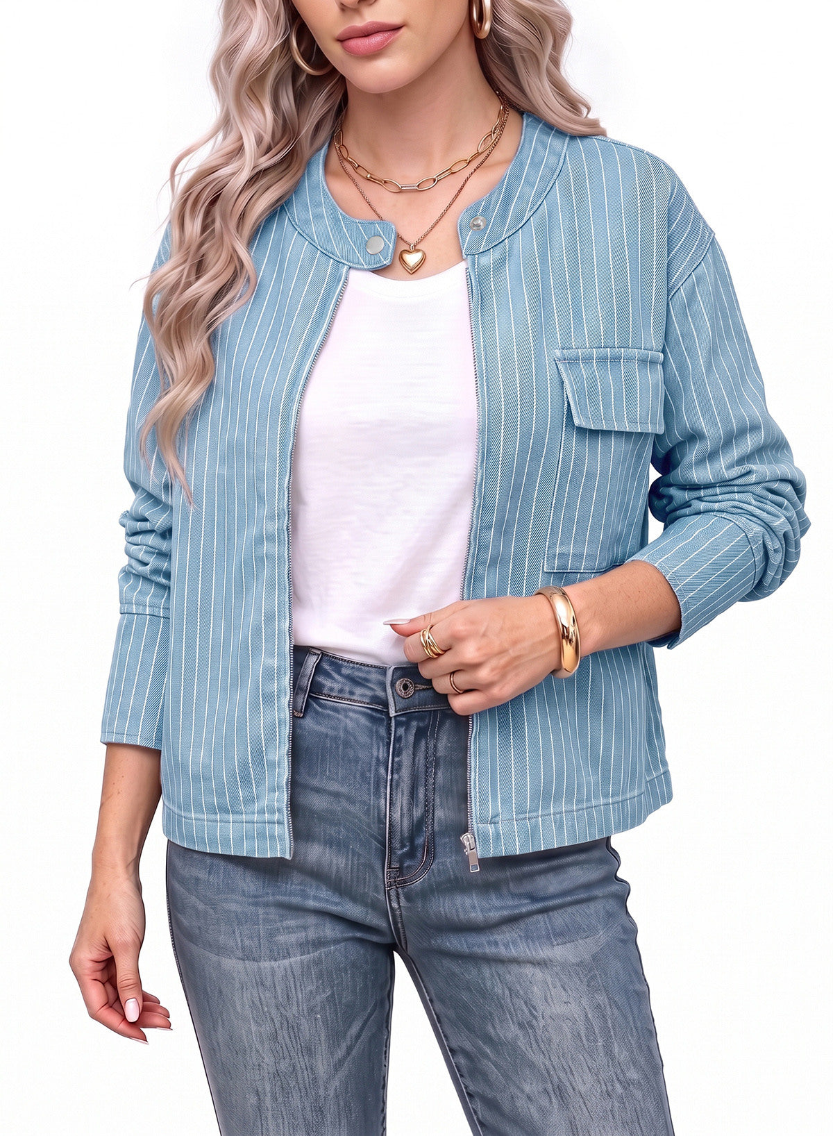 Dokotoo Women's Striped Denim Jacket 2026 Fall Zipper Button Jeans Coats